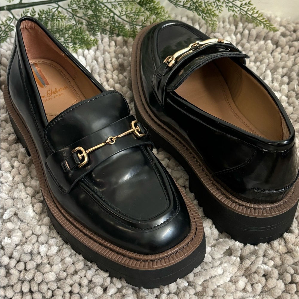 Sam Edelman Black Patent Loafers with Gold Bit Hardware